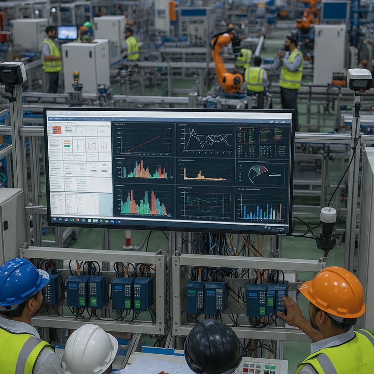 Oil and gas HSE dashboard with workers reviewing industrial risk data