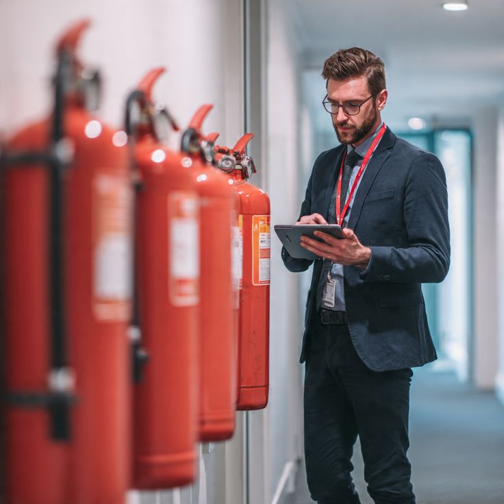 Hospitality manager checking fire safety equipment