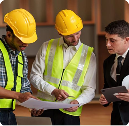Construction crew reviewing site risk assessment