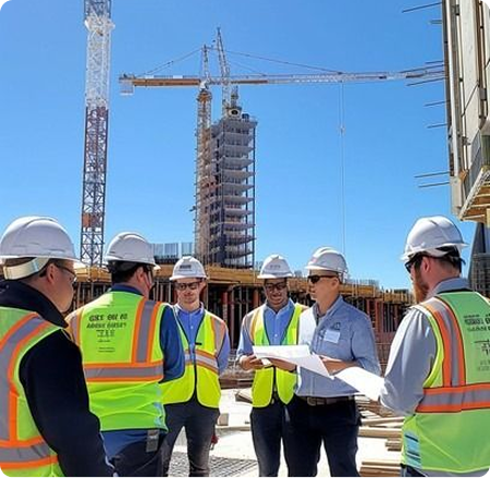 Construction team discussing hazard reporting